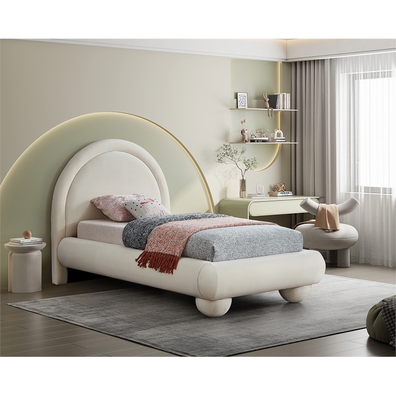 Bowery Hill Contemporary Cream Durable Velvet Twin Bed with Ball Shaped Legs
