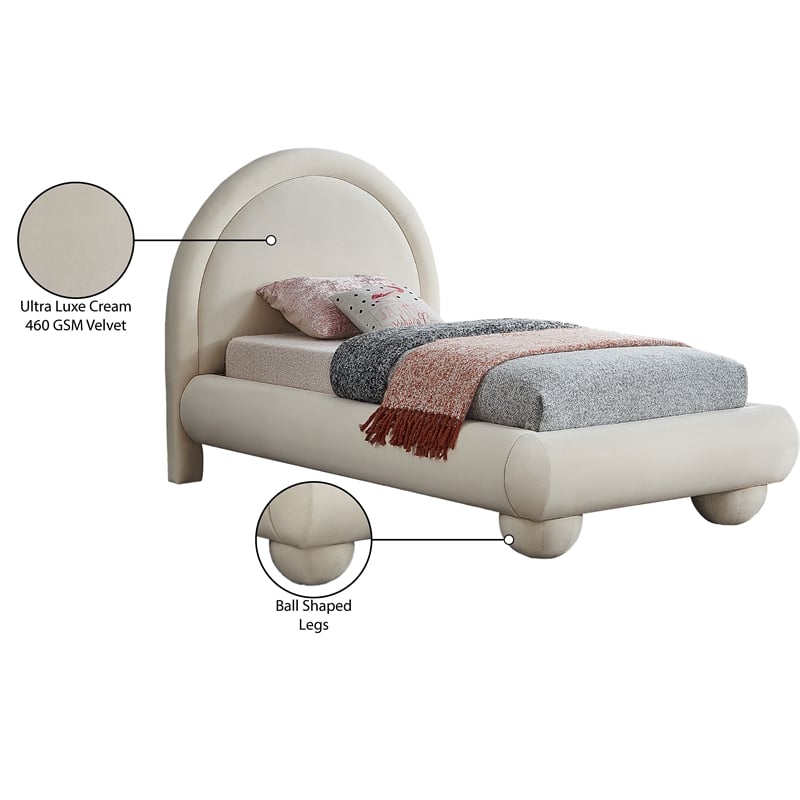 Bowery Hill Contemporary Cream Durable Velvet Twin Bed with Ball Shaped Legs