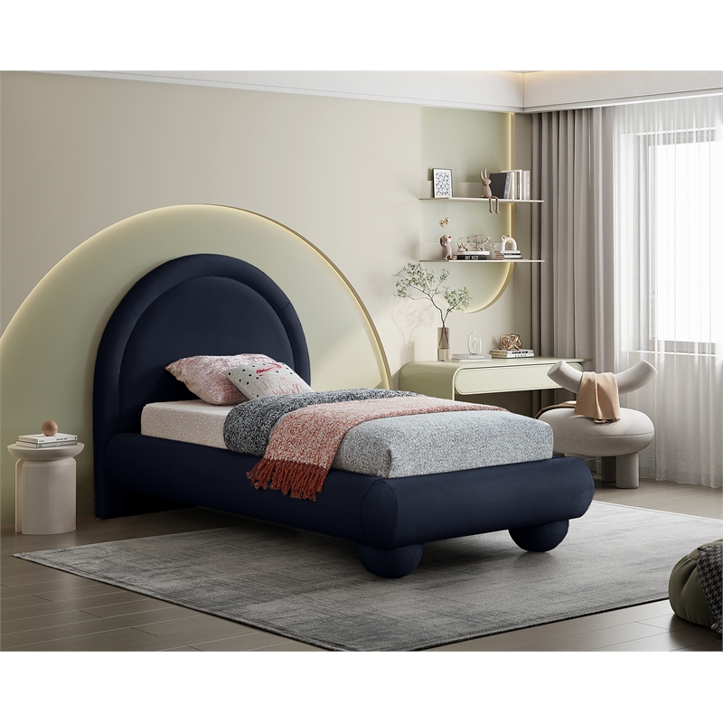 Bowery Hill Contemporary Navy Durable Velvet Twin Bed with Ball Shaped Legs