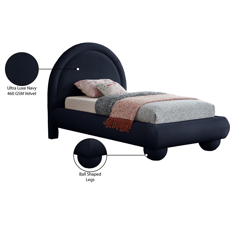 Bowery Hill Contemporary Navy Durable Velvet Twin Bed with Ball Shaped Legs