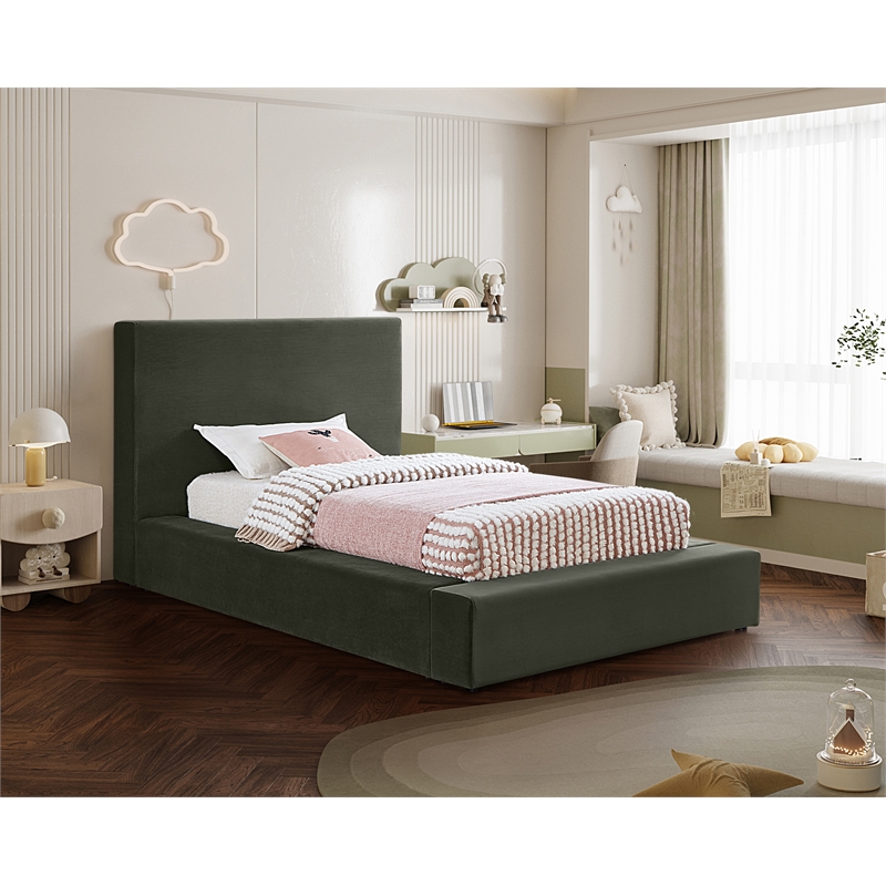 Bowery Hill Contemporary Green Velvet Twin Fully Slatted Bed