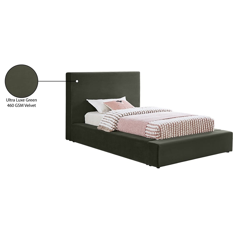 Bowery Hill Contemporary Green Velvet Twin Fully Slatted Bed