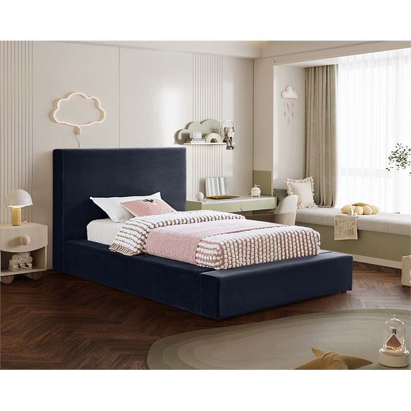 Bowery Hill Contemporary Navy Durable Velvet Twin Fully Slatted Bed