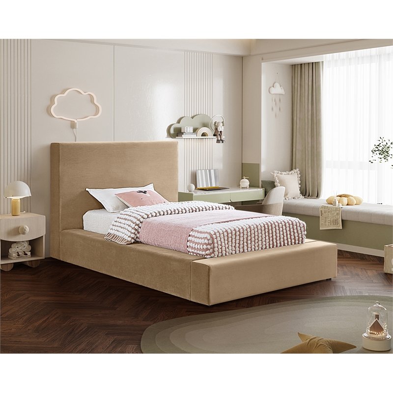 Bowery Hill Contemporary Beige Velvet Twin Fully Slatted Bed