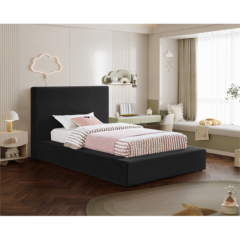 Bowery Hill Contemporary Black Velvet Twin Fully Slatted Bed