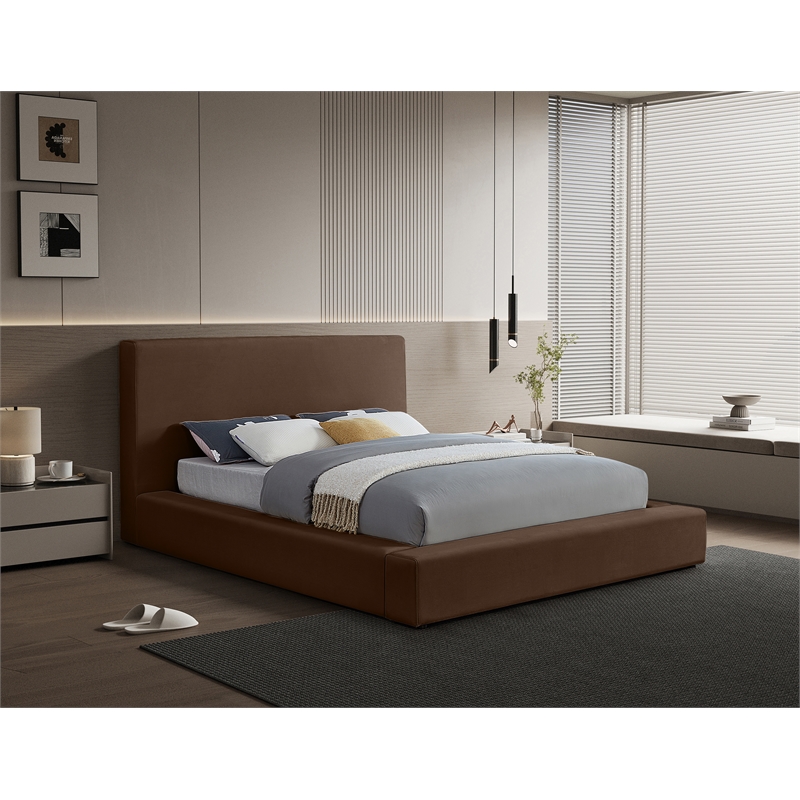 Bowery Hill Contemporary Brown Velvet Full Fully Slatted Bed