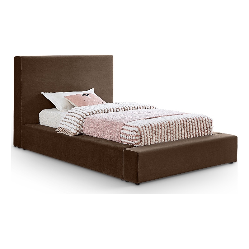 Bowery Hill Contemporary Brown Velvet Twin Fully Slatted Bed