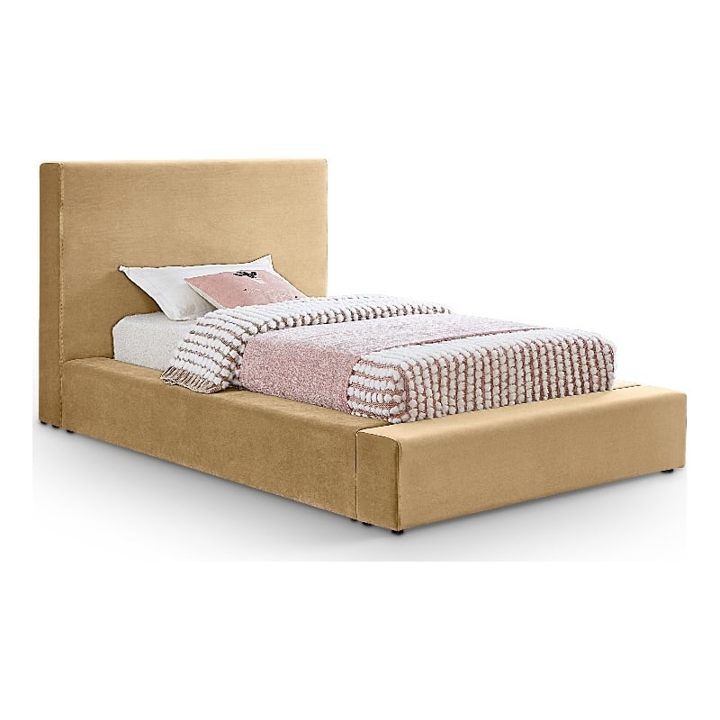 Bowery Hill Contemporary Camel Velvet Twin Fully Slatted Bed