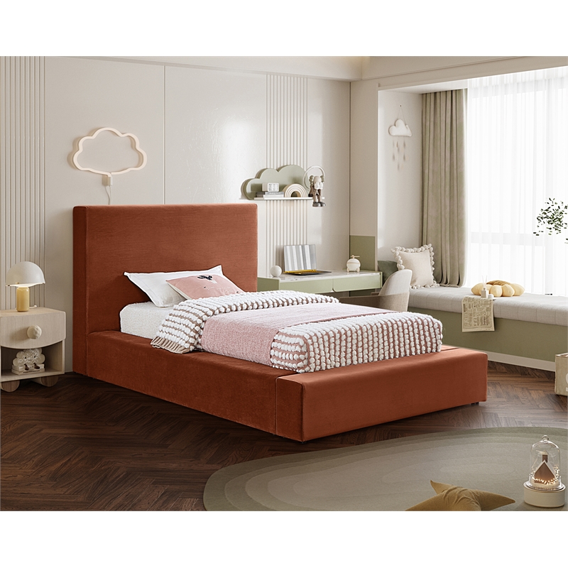 Bowery Hill Contemporary Cognac Velvet Twin Fully Slatted Bed