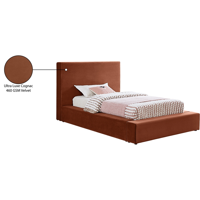 Bowery Hill Contemporary Cognac Velvet Twin Fully Slatted Bed