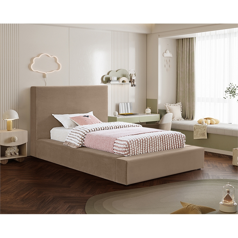 Bowery Hill Contemporary Taupe Velvet Twin Fully Slatted Bed