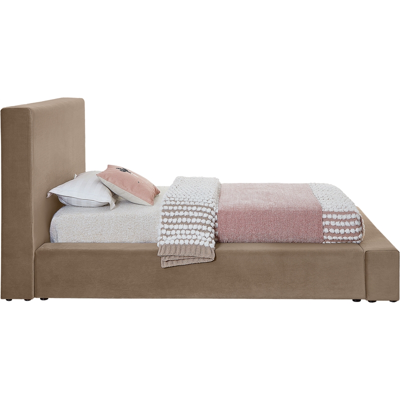 Bowery Hill Contemporary Taupe Velvet Twin Fully Slatted Bed