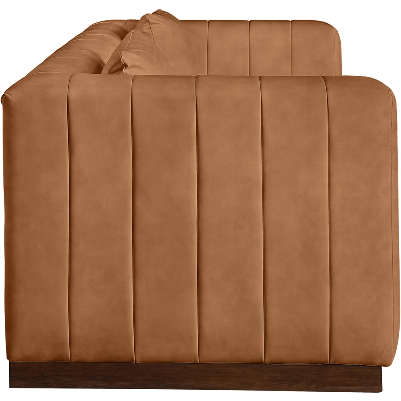 Bowery Hill Contemporary Deep Channel Tufted Soft Cognac Vegan Leather Sofa