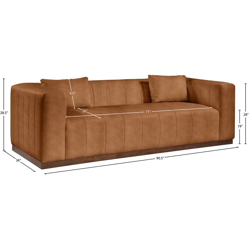 Bowery Hill Contemporary Deep Channel Tufted Soft Cognac Vegan Leather Sofa