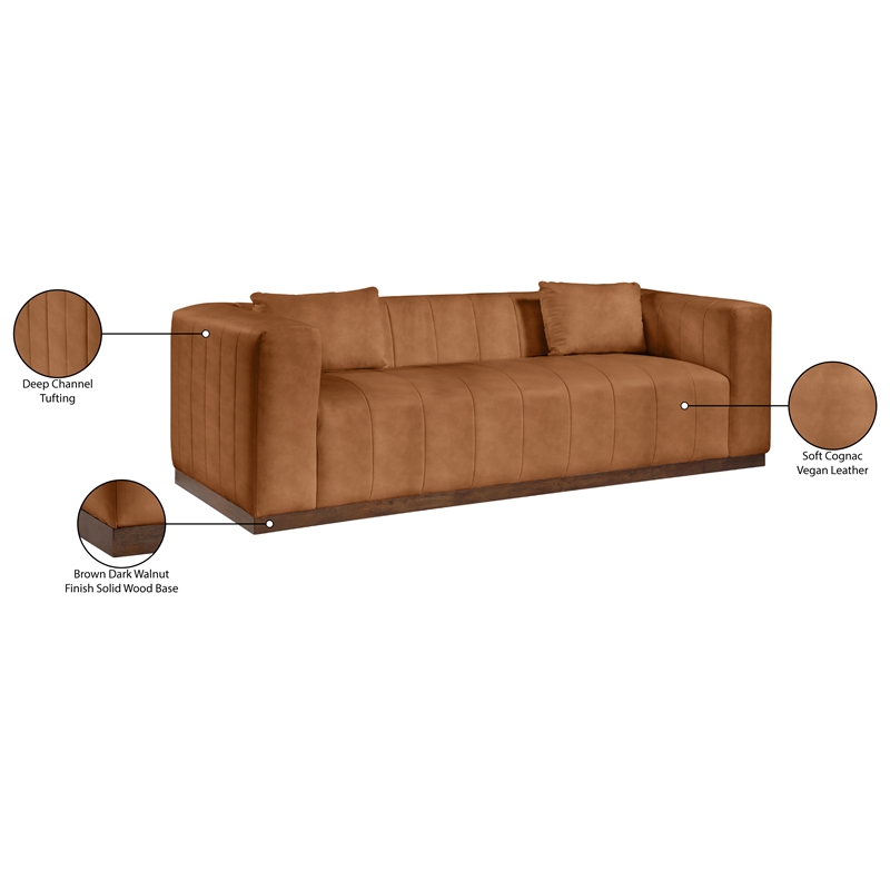 Bowery Hill Contemporary Deep Channel Tufted Soft Cognac Vegan Leather Sofa