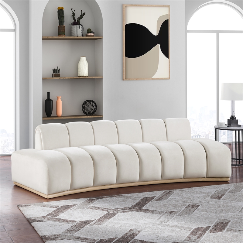 Bowery Hill Contemporary Deep Channel Tufted Cream Durable Velvet Sofa