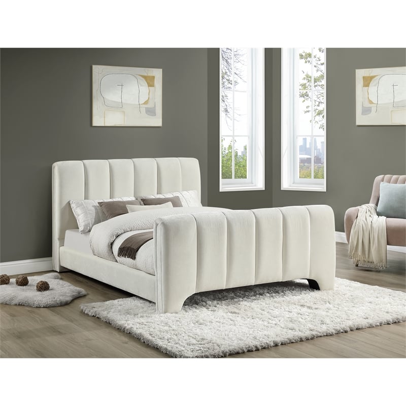 Bowery Hill Contemporary Soft Cream Chenille Fabric Queen Bed