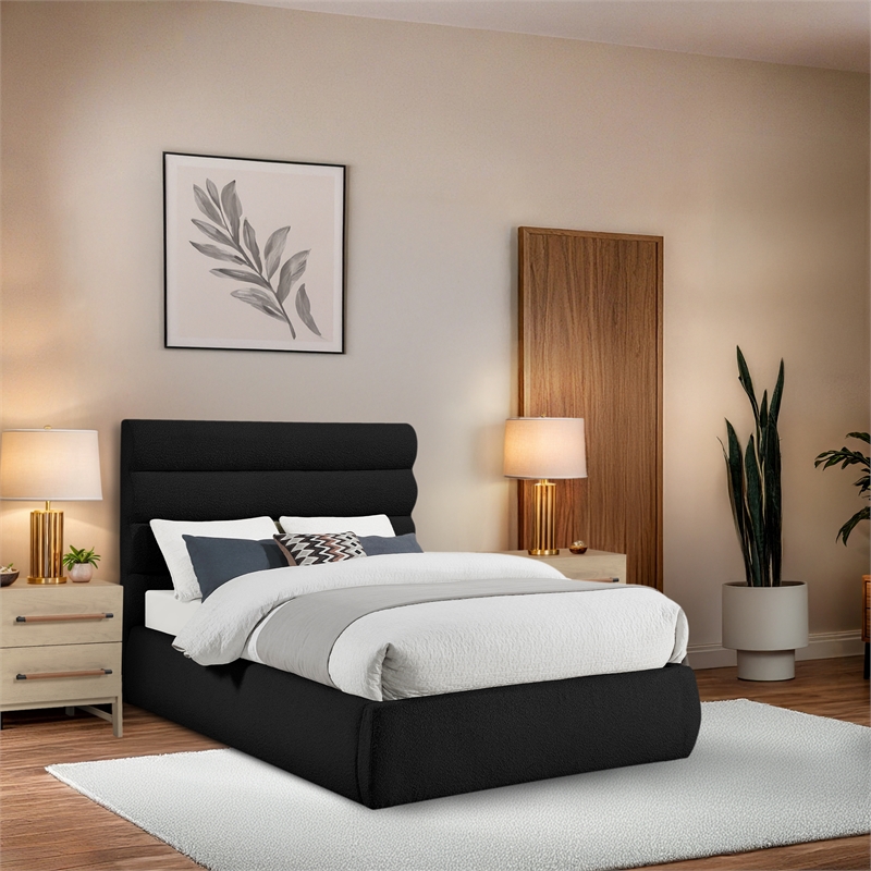 Bowery Hill Contemporary Deep Channel Tufted Rich Black Boucle Fabric Full Bed