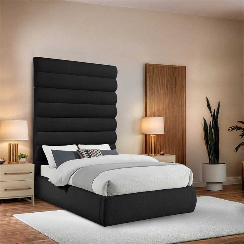 Bowery Hill Contemporary Deep Channel Tufted Rich Black Boucle Fabric Full Bed