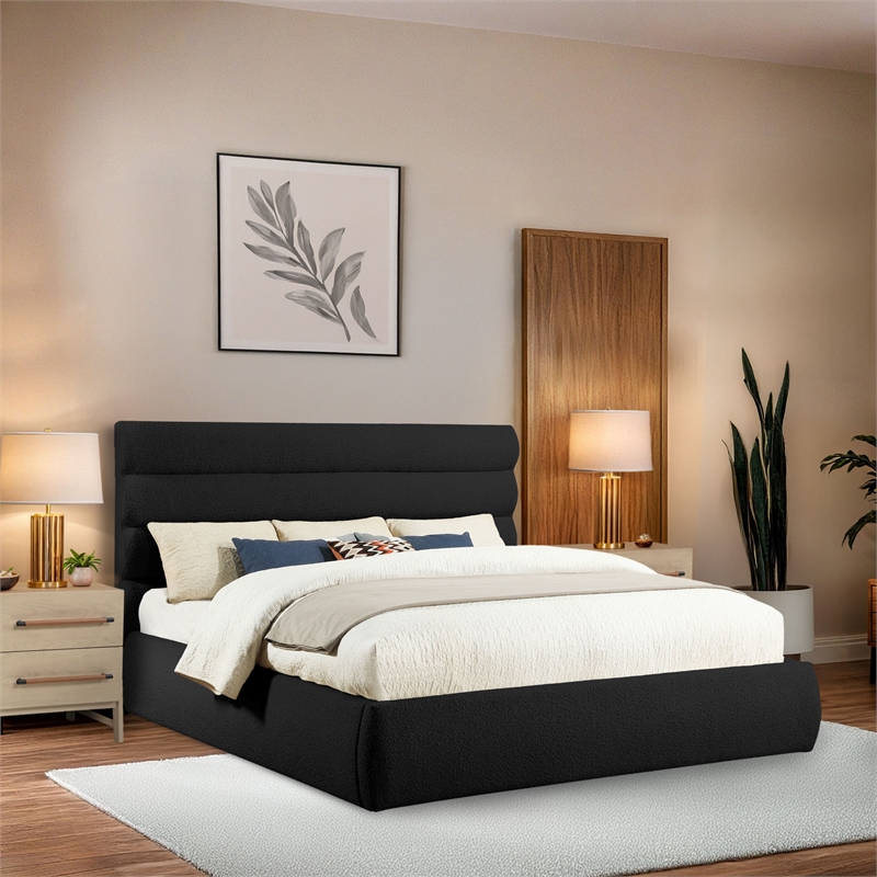 Bowery Hill Contemporary Deep Channel Tufted Rich Black Boucle Fabric King Bed