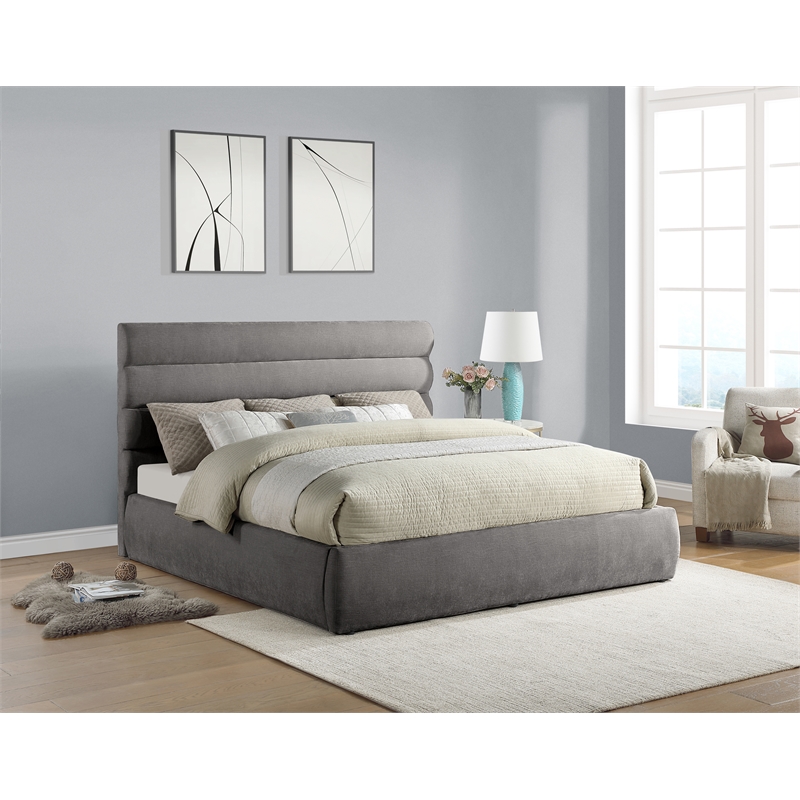Bowery Hill Contemporary Deep Channel Tufted Soft Grey Chenille Fabric King Bed