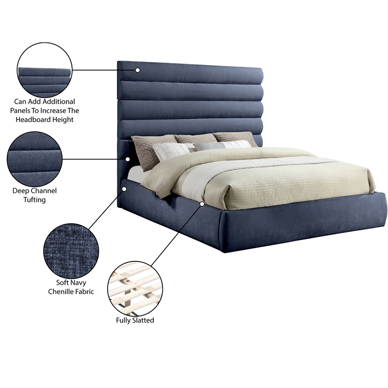 Bowery Hill Contemporary Deep Channel Tufted Soft Navy Chenille Fabric King Bed
