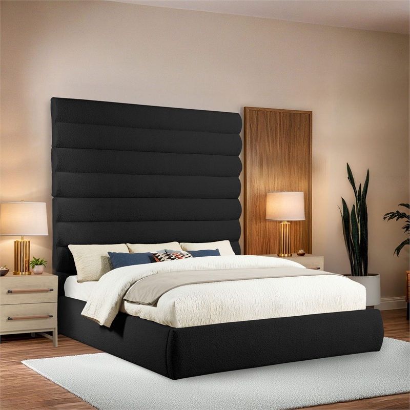 Bowery Hill Contemporary Deep Channel Tufted Rich Black Boucle Fabric King Bed