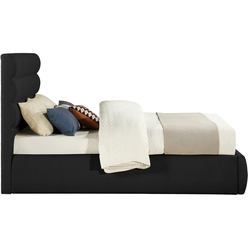 Bowery Hill Contemporary Deep Channel Tufted Rich Black Boucle Fabric Queen Bed