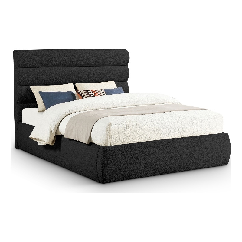 Bowery Hill Contemporary Deep Channel Tufted Rich Black Boucle Fabric Queen Bed