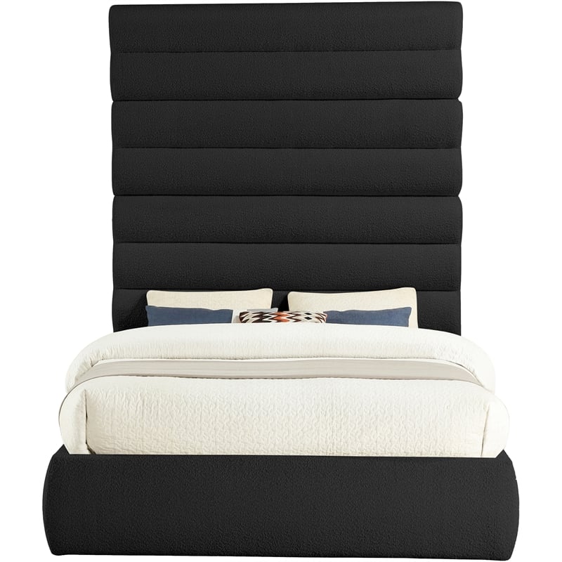 Bowery Hill Contemporary Deep Channel Tufted Rich Black Boucle Fabric Queen Bed