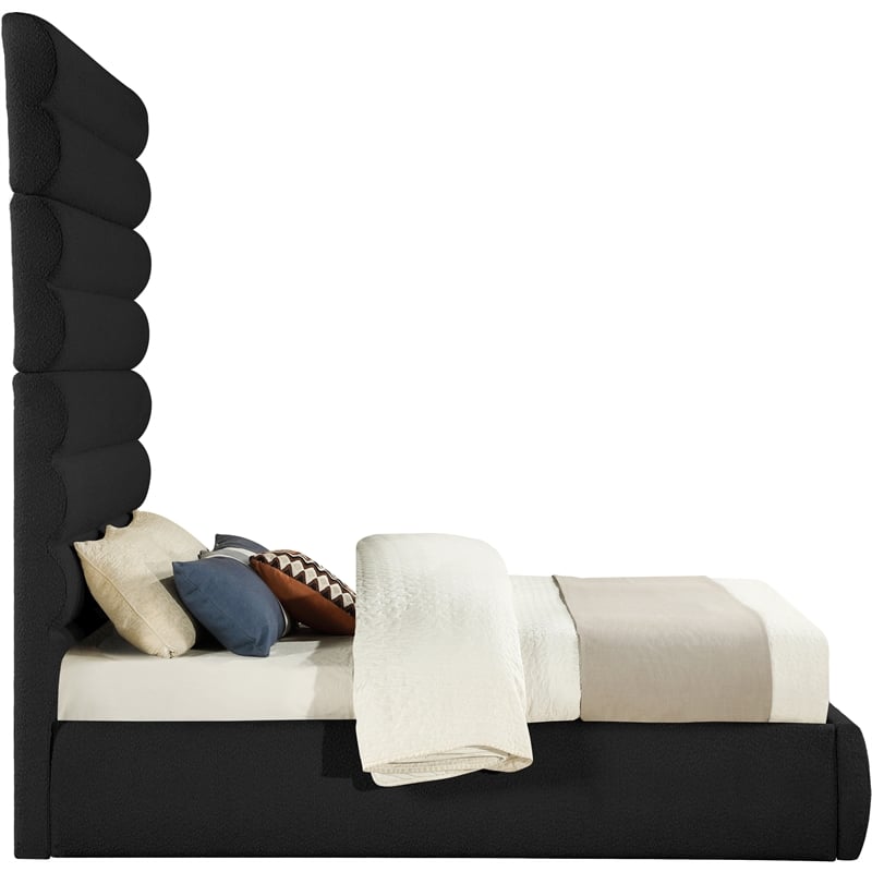 Bowery Hill Contemporary Deep Channel Tufted Rich Black Boucle Fabric Queen Bed