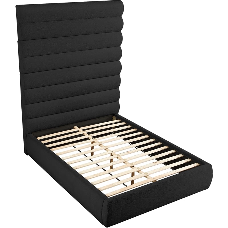 Bowery Hill Contemporary Deep Channel Tufted Rich Black Boucle Fabric Queen Bed