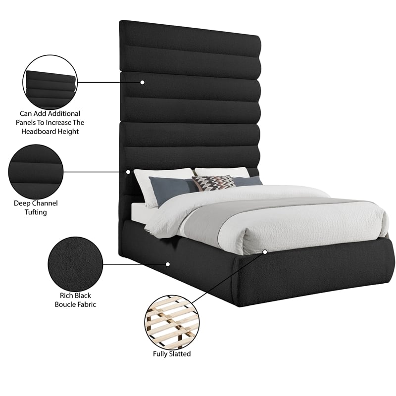 Bowery Hill Contemporary Deep Channel Tufted Rich Black Boucle Fabric Queen Bed