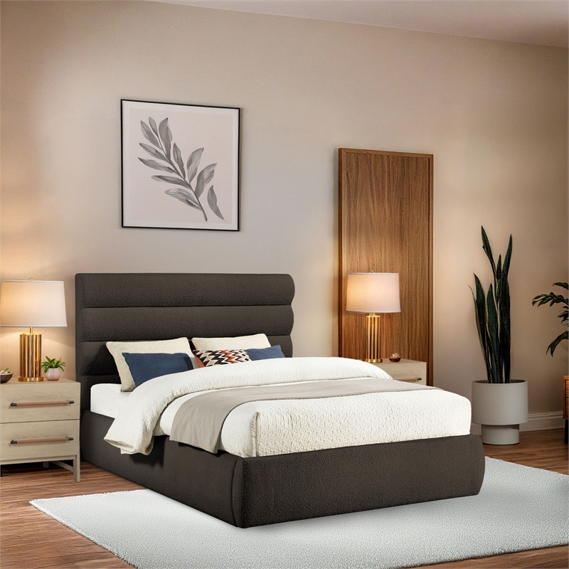 Bowery Hill Contemporary Deep Channel Tufted Rich Brown Boucle Fabric Queen Bed