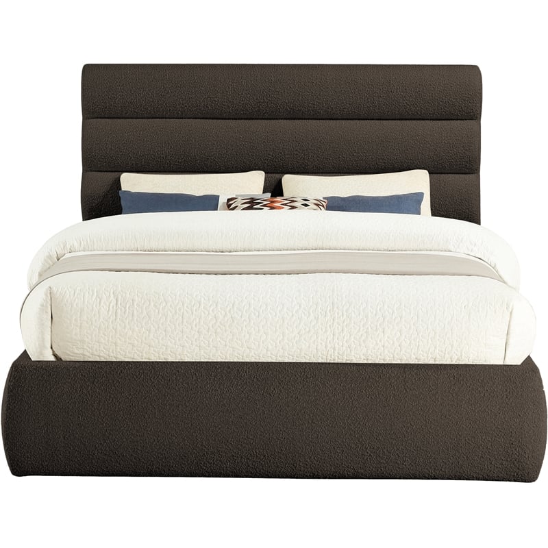 Bowery Hill Contemporary Deep Channel Tufted Rich Brown Boucle Fabric Queen Bed
