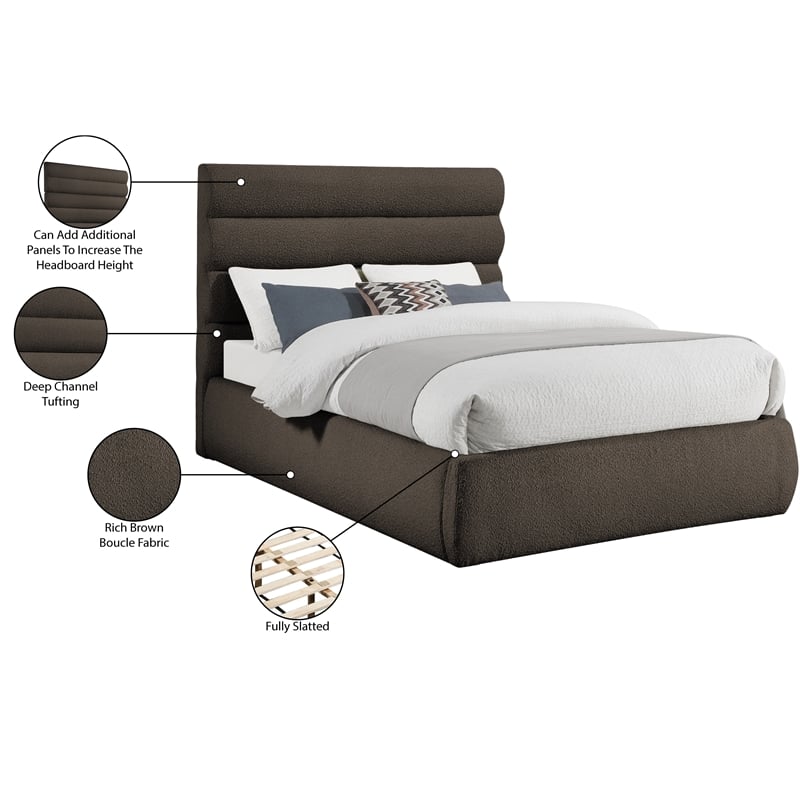 Bowery Hill Contemporary Deep Channel Tufted Rich Brown Boucle Fabric Queen Bed