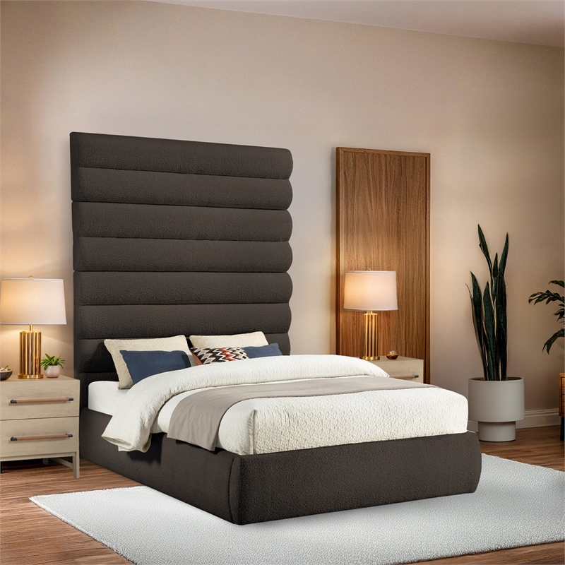Bowery Hill Contemporary Deep Channel Tufted Rich Brown Boucle Fabric Queen Bed