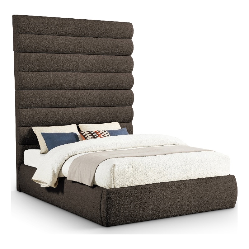 Bowery Hill Contemporary Deep Channel Tufted Rich Brown Boucle Fabric Queen Bed