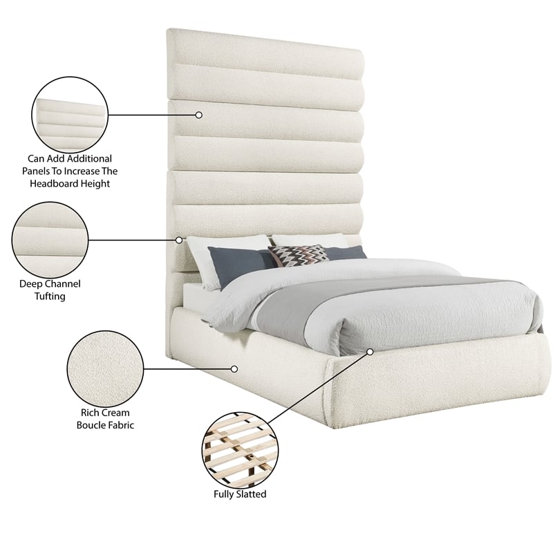 Bowery Hill Contemporary Deep Channel Tufted Rich Cream Boucle Fabric King Bed