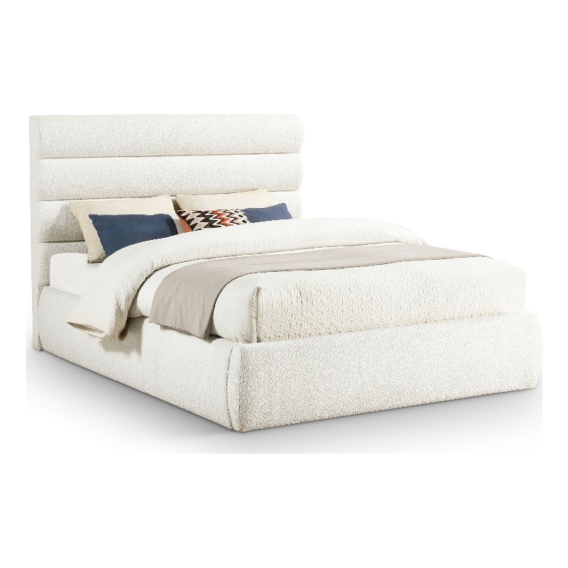 Bowery Hill Contemporary Deep Channel Tufted Rich Cream Boucle Fabric Queen Bed