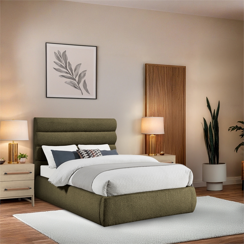 Bowery Hill Contemporary Deep Channel Tufted Rich Olive Boucle Fabric Full Bed