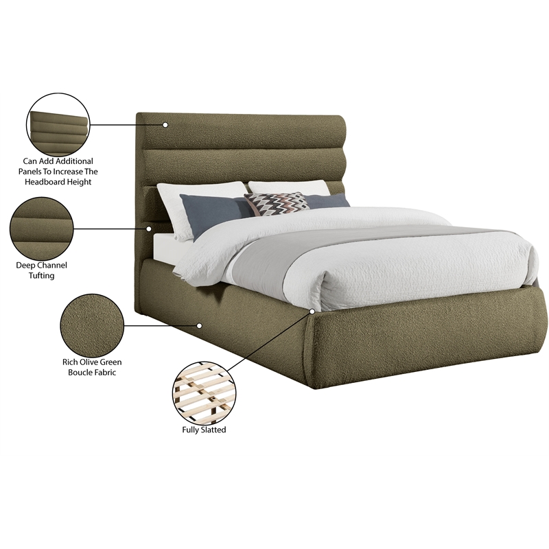Bowery Hill Contemporary Deep Channel Tufted Rich Olive Boucle Fabric Full Bed