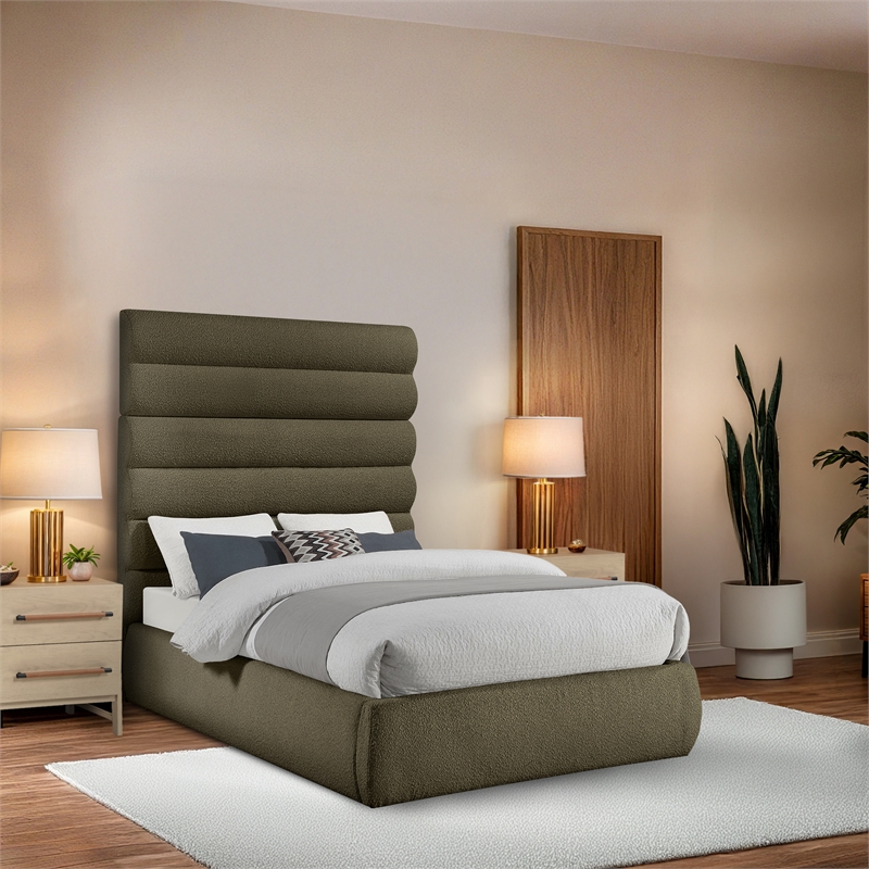 Bowery Hill Contemporary Deep Channel Tufted Rich Olive Boucle Fabric Full Bed