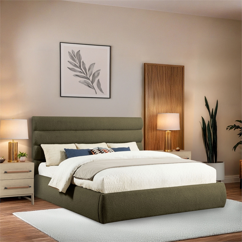 Bowery Hill Contemporary Deep Channel Tufted Rich Olive Boucle Fabric King Bed