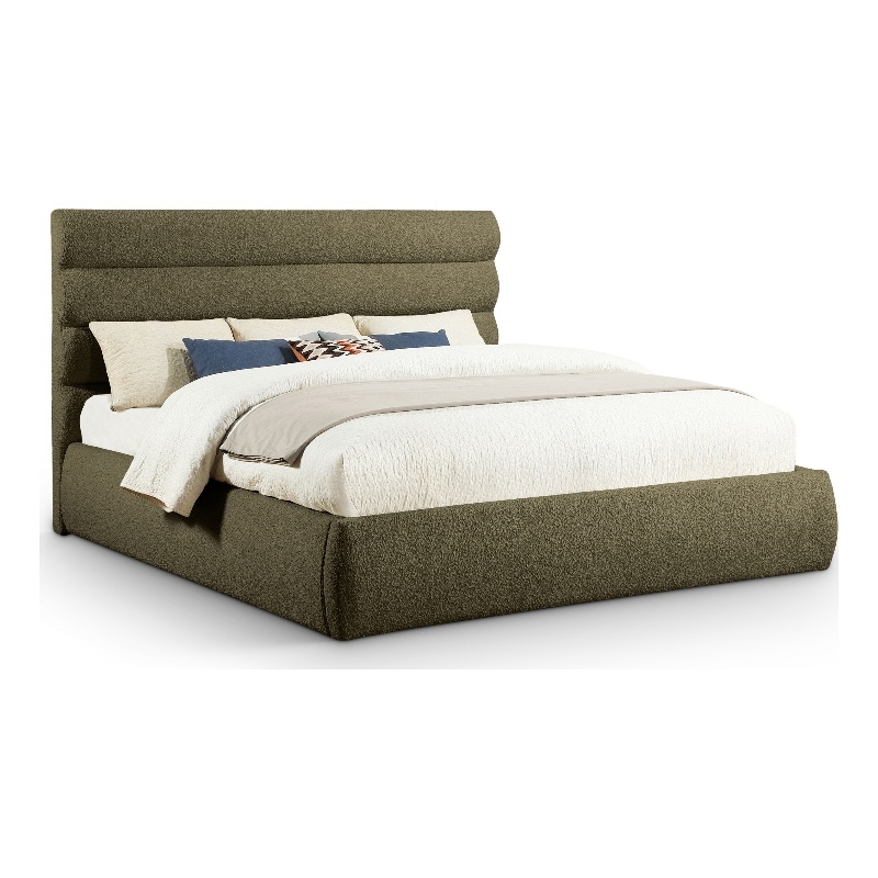 Bowery Hill Contemporary Deep Channel Tufted Rich Olive Boucle Fabric King Bed