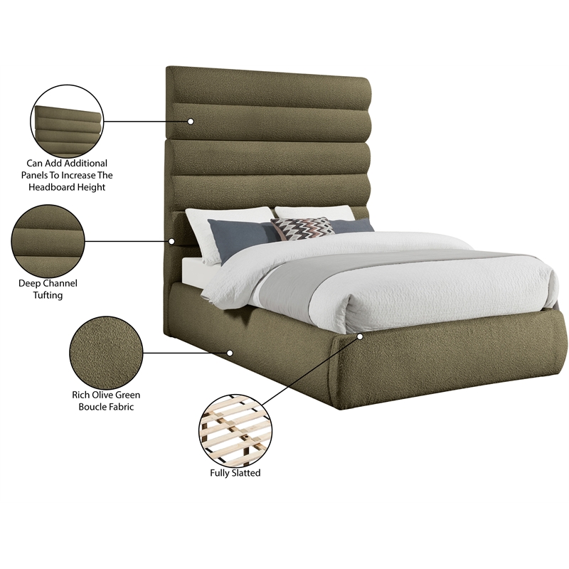 Bowery Hill Contemporary Deep Channel Tufted Rich Olive Boucle Fabric King Bed