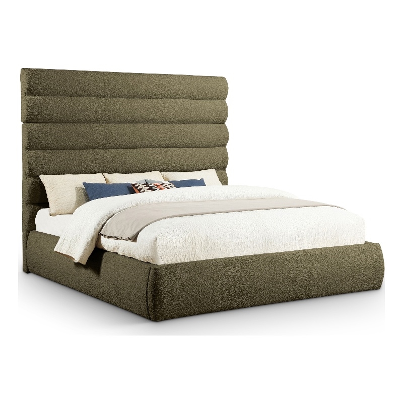 Bowery Hill Contemporary Deep Channel Tufted Rich Olive Boucle Fabric King Bed
