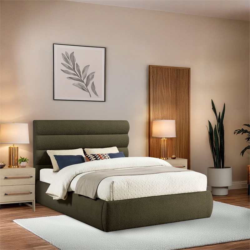 Bowery Hill Contemporary Deep Channel Tufted Rich Olive Boucle Fabric Queen Bed