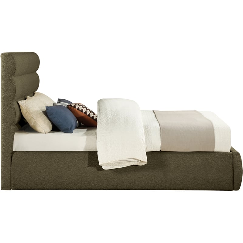 Bowery Hill Contemporary Deep Channel Tufted Rich Olive Boucle Fabric Queen Bed