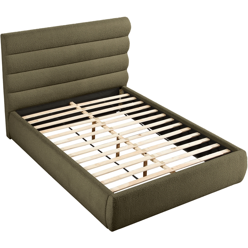Bowery Hill Contemporary Deep Channel Tufted Rich Olive Boucle Fabric Queen Bed